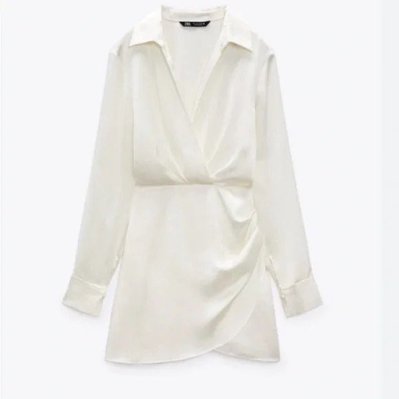 zara white satin dress 100% SILK DRAPED DRESS - Oyster-white